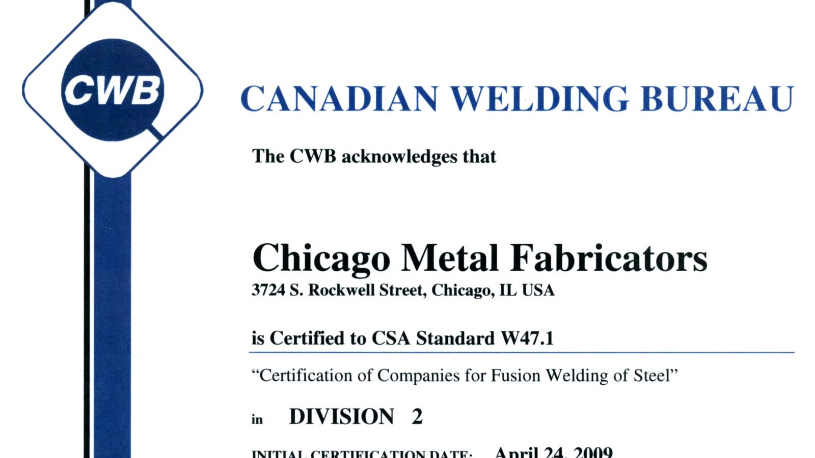 Canadian Weld Certificate